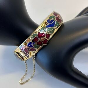 Cloisonné Gold Multi Color Flower Butterfly Hinged Bangle Bracelet Safety Chain